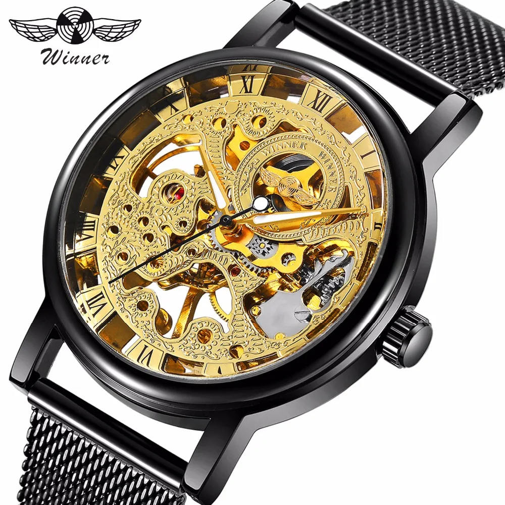 WINNER Классические Золотые механические мужские часы лучший бренд класса люкс Нержавеющая сталь ремешок Скелет циферблат мода Бизнес наручные часы