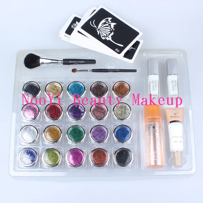 

20 pcs - Glitter Tattoo Powder for Body Art - Temporary Tattoo/ body painting Kit -w/ Brushes / Glue / Stencils - free shipping