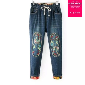 

embroidery loose pans 2019 Spring New Fashion Women Jeans Indie Folk Style Casual Denim Girls Long Jeans 3xl size jeans gx126