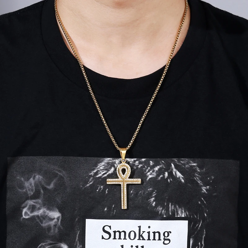 Хип хоп Египетский Bling Cross горный хрусталь Ankh крест ожерелье мужское брелок жизни