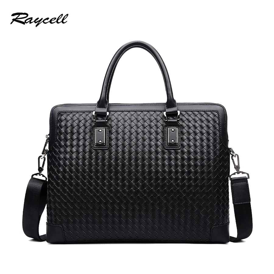 

Raycell Leather Knitting Briefcase Casual Men Shoulder Bag  Luxury Leather Laptop Bag Man Shoulder Bag bolsa maleta