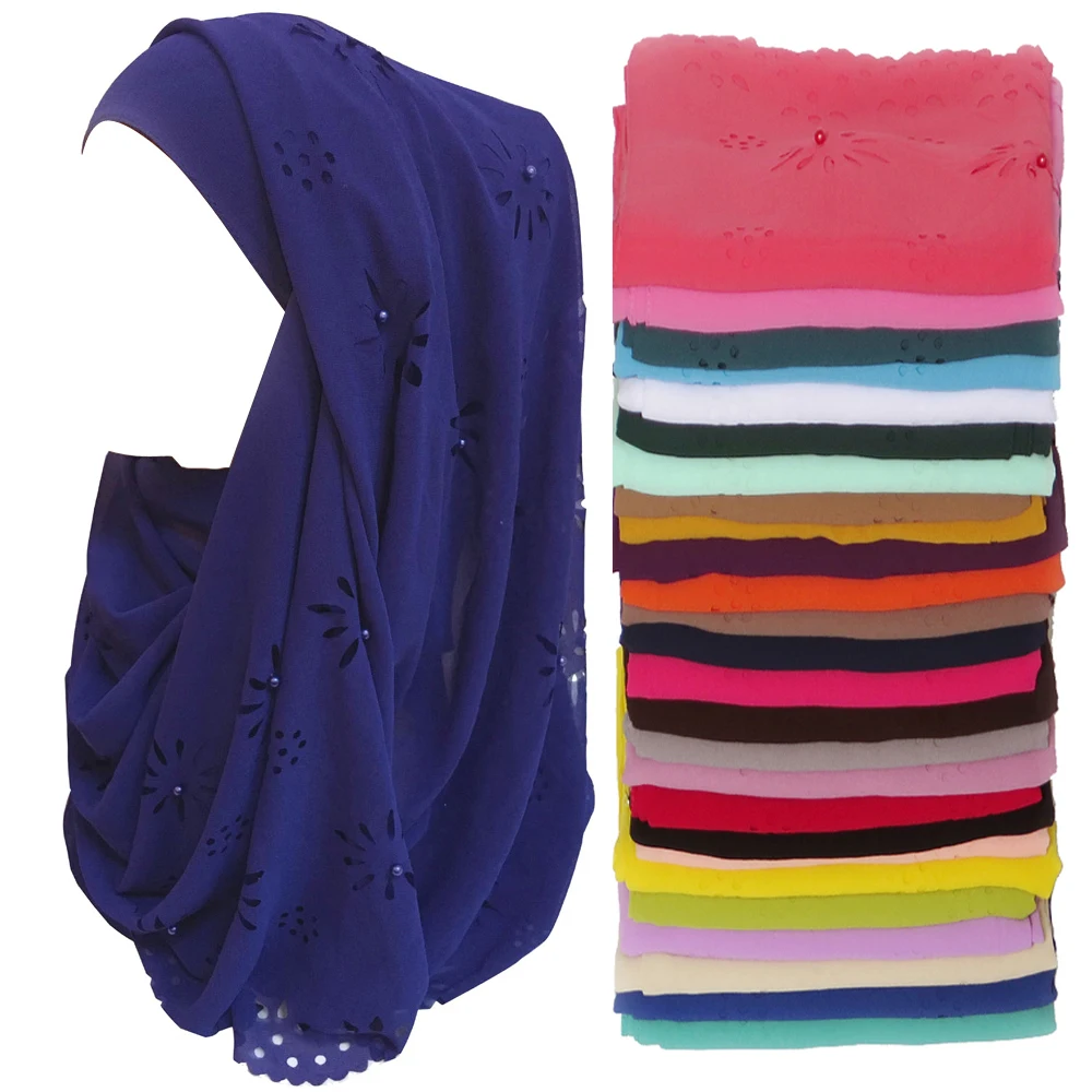 

20pcs/lot Floral Hollow Laser Cut with Beads Pearl Bubble Chiffon Muslim Hijab Scarf Shawl Head Wrap Plain Colours 180*85cm