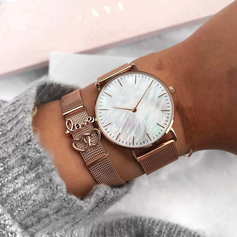

Keamsty 10mm Keeper Charms Rose Gold Mesh Bracelet Set with Stainless Steel Shell Face Watch