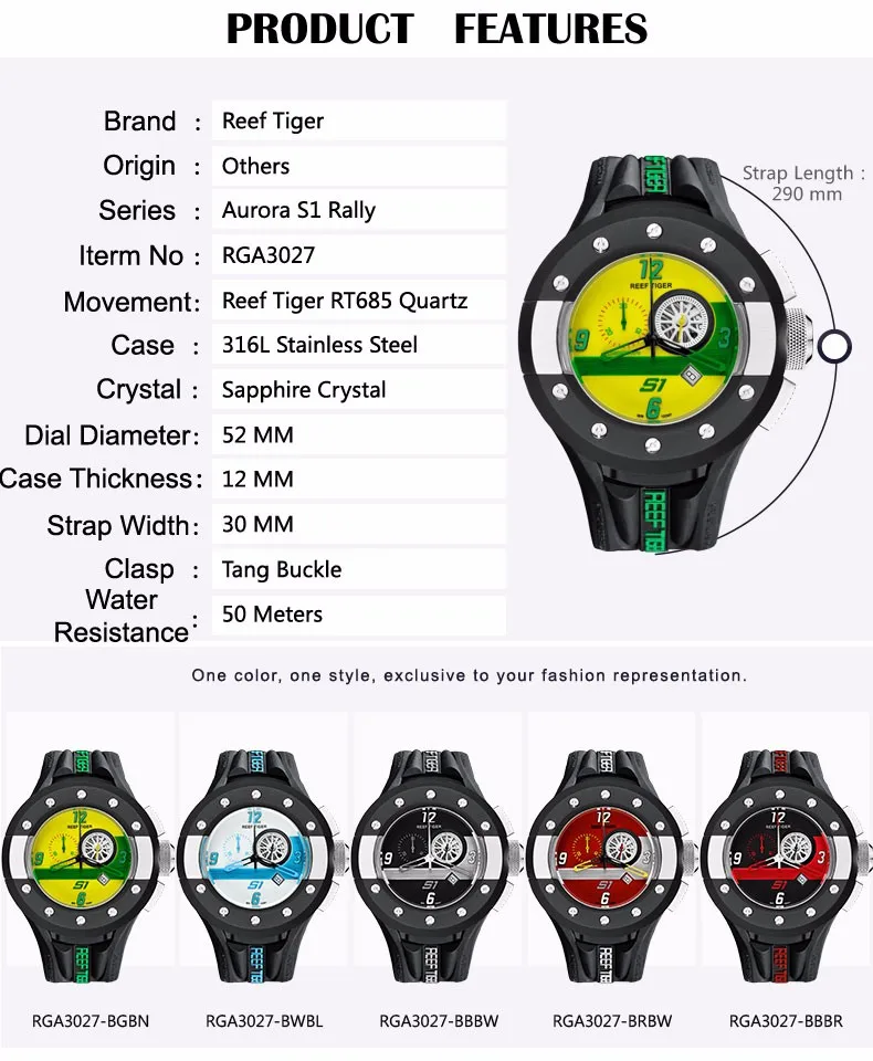 Риф Тигр Аврора Serier RGA3027 Мужские Хронограф и спортивные часы гоночная приборная панель циферблат кварцевые наручные часы с датой