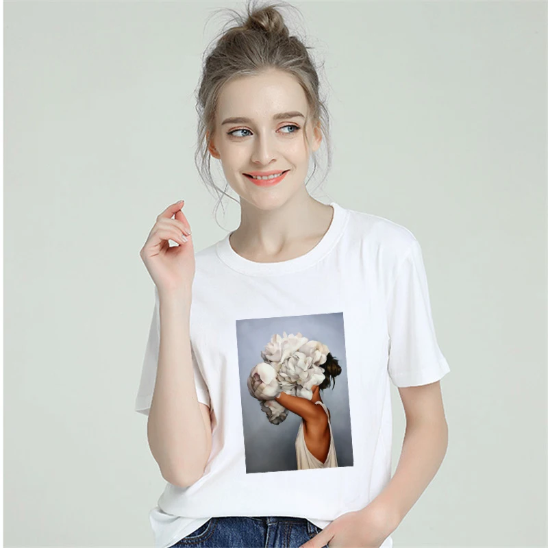 

2019 Summer Cotton Harajuku Aesthetics Tshirt Women Sexy Flowers Feather Short Sleeve Tops & Tees Fashion Casual Couple T Shirt