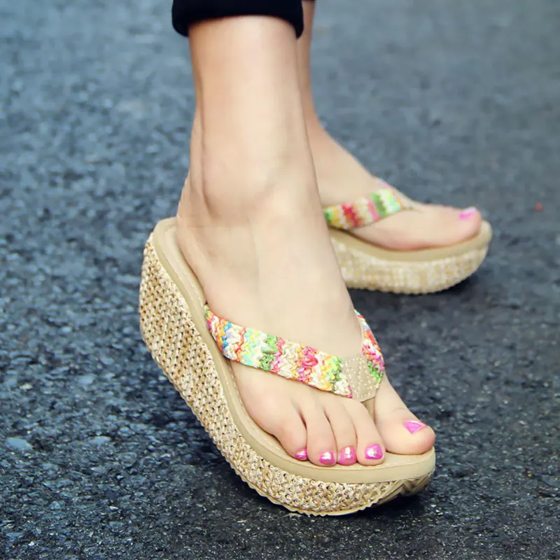 Shoes Woman Summer Bohemia Slippers Fashion Toes Flip Flops Flower Womens Wedge Sandals Beach Slippers Shoes