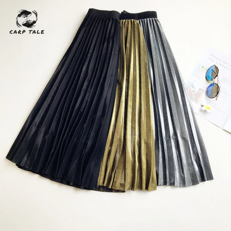 

CARP TALE Spring Autumn Fashion Women's High Waist Pleated Solid Color Half Length Elastic Skirt Promotions Lady Black Gold