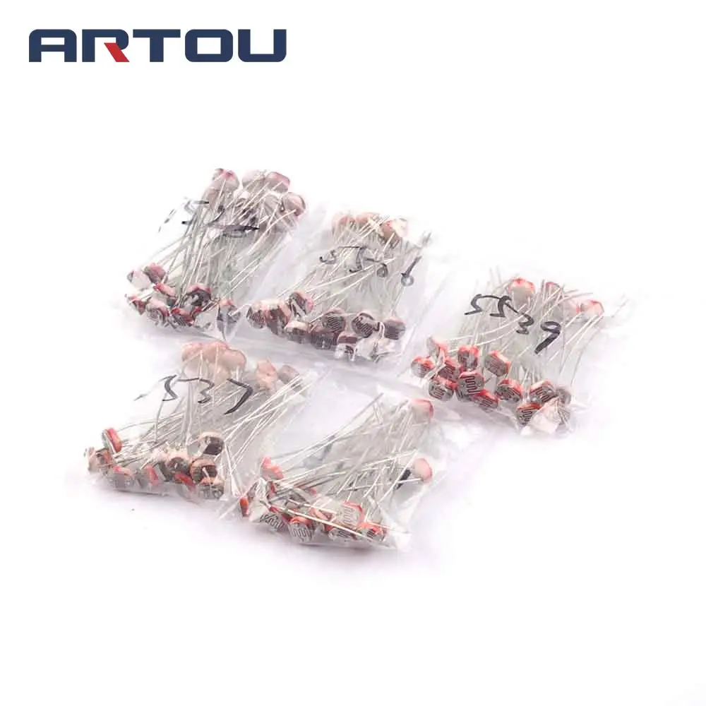 100PCS 5MM Photosensitive Resistors Assortment Kit,GL5516 GL5528 GL5537 GL5539 GL5506 LDR Light Dependent Resistor each 20pcs