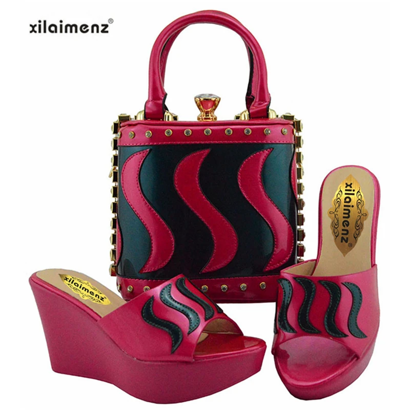 

New shop 40% discount Free shipping fuchsia color slip-on African shoes matching bag decorate splice design wedges for wedding