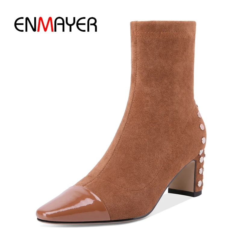

ENMAYER New Fashion Shoes Woman Ankle Boots High Heels Women Shoes Boots Solid Leather Botas Feminina Botines Mujer ZYL877