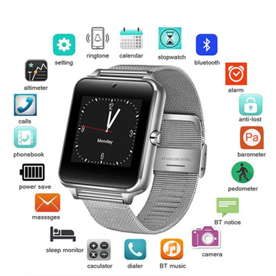 

Digital Smart Watch with Camera Waterproof Stainless Steel Bluetooth Wrist Watch Support SIM/TF Card Smartwatch for Android IOS