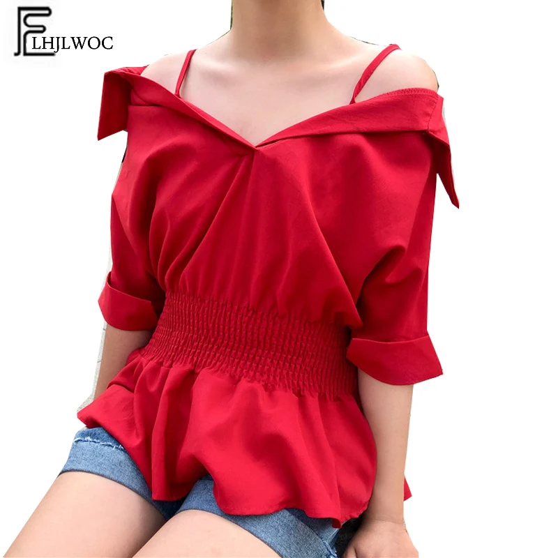 

Cute Sweet Peplum Tops Women Summer Korea Japan Design Blouse Shirts Girls Slim Waist Suspenders Red White Open Off Shoulder Top