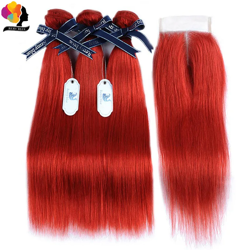 

3 Red Bundles With Closure Brazilian Straight Hair Colored Bundles With Closure Burgundy 100 Remy Human Hair Weaves With Closure