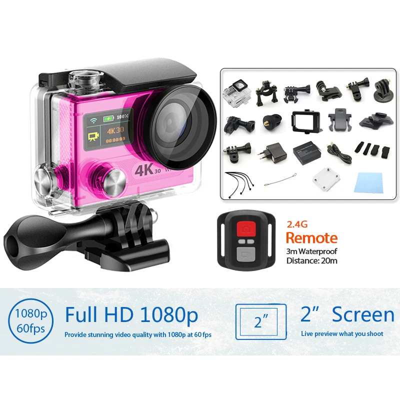  4K WiFi Action camera 1080p full HD 2.0'' Dual Screen Helmet Cam  2.4G remote control go pro style sports camera H8R VS SJ5000 