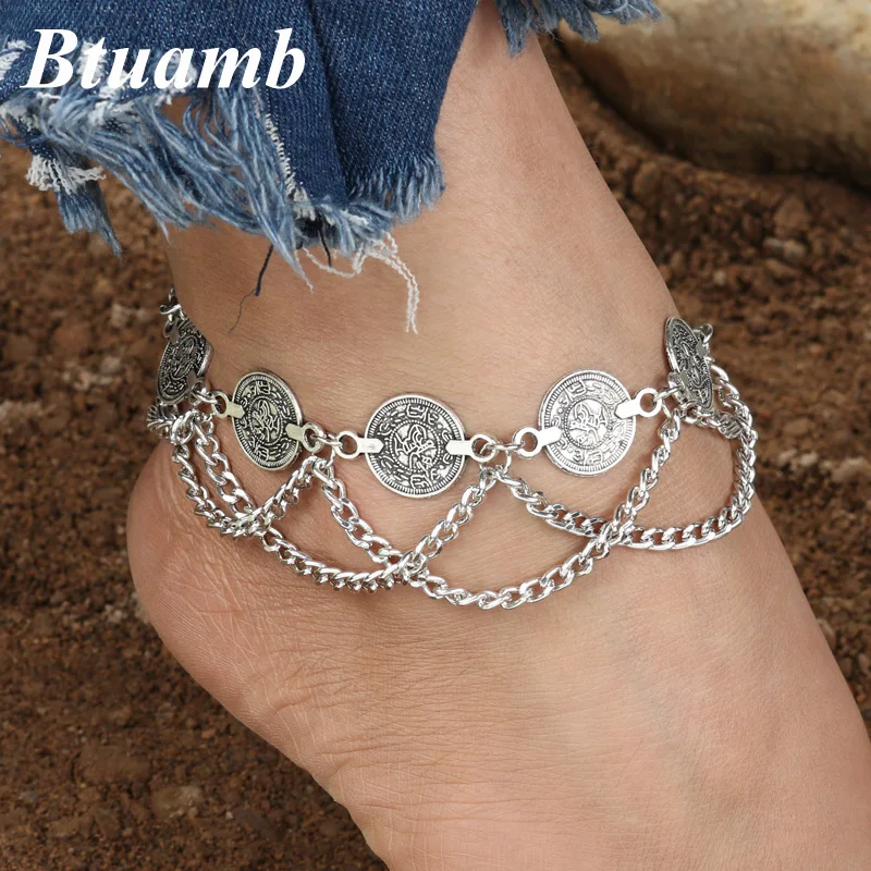 

Btuamb Vintage Boho Chain Tassel Anklets Punk Carved Coin Anklets Bracelets for Women Foot Accessories Beach Sandals Tobilleras