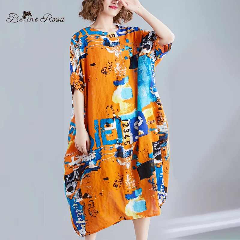 

BelineRosa Bohemian Holiday Style Casual Big Size Dress Cotton Linen Women Clothes Chinese National Printing Dress AWJ00016