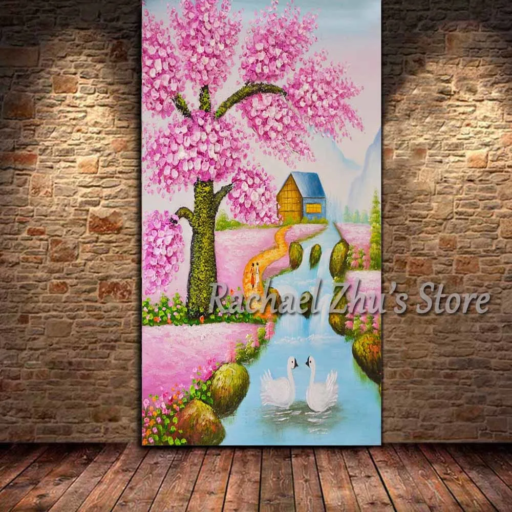 

Hand Painted Palette Knife Pink Tree Flower Landscape Oil Painting On Canvas River Wall Picture Living Room Home Wall Decor Art