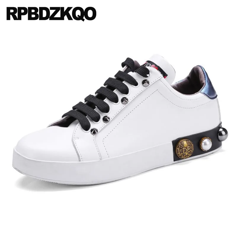 

lace up real leather ladies white genuine pearl flats sneakers round toe designer shoes china trainers metal women high quality