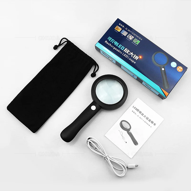 CHUDA 6X перезаряжаемые 9LED ручная лупа USB увеличительное стекло для низкого видения, комаров, волокно