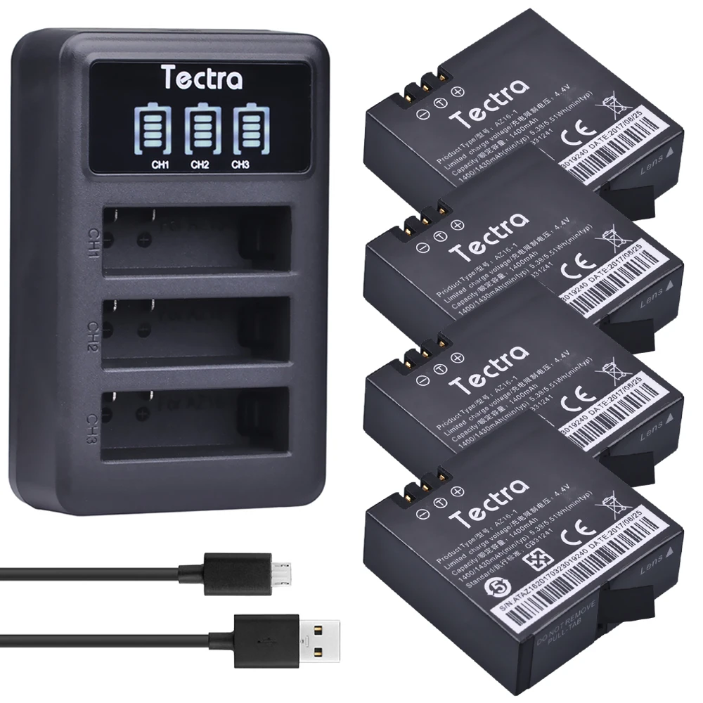 Tectra 4Pcs AZ16 1 1400mAh литий ионный аккумулятор для xiaomi yi + LED USB зарядное устройство с 3