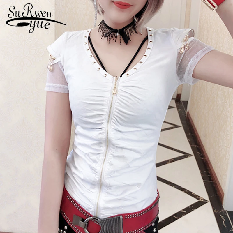 

2019 New Arrival Women Tops and Blouse Fashion V-neck Zipper Short Sleeve blouse white black women clothing blusas 4458 50