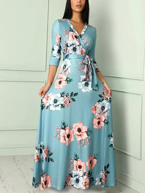 Осеннее женское платье с рукавом семь, женские вечерние платья с v-образным вырезом, Цветочное платье с завышенной талией, vestidos голубое платье размера плюс, S-5XL - Цвет: 17