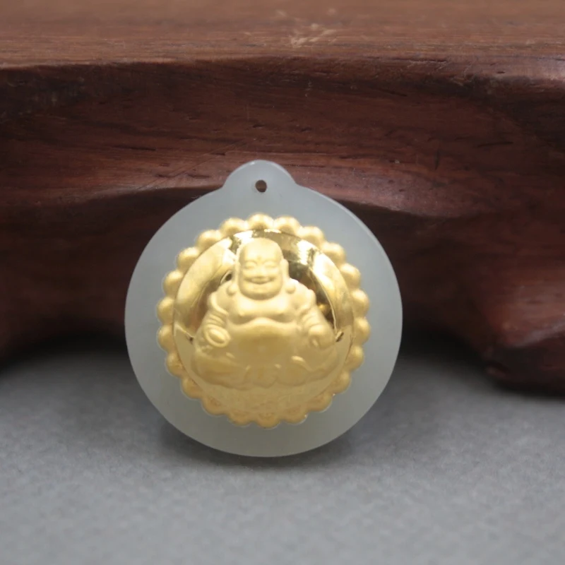 

New 24K Yellow Gold Natural Jadeite Jade Women Men Buddha Round Bless Pendant 24x21mm