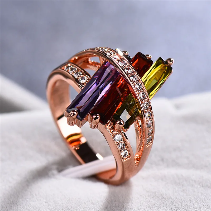 Женское кольцо в стиле бохо, фиолетовое, красное, оливковое, зеленое, милое, розовое золото, кристалл радуги, циркон, камень, кольцо, обручальные кольца для женщин