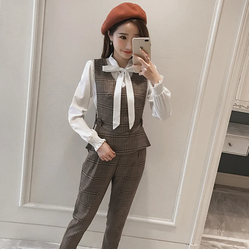 spring new women grid suit bow white blouse vest slim trousers three