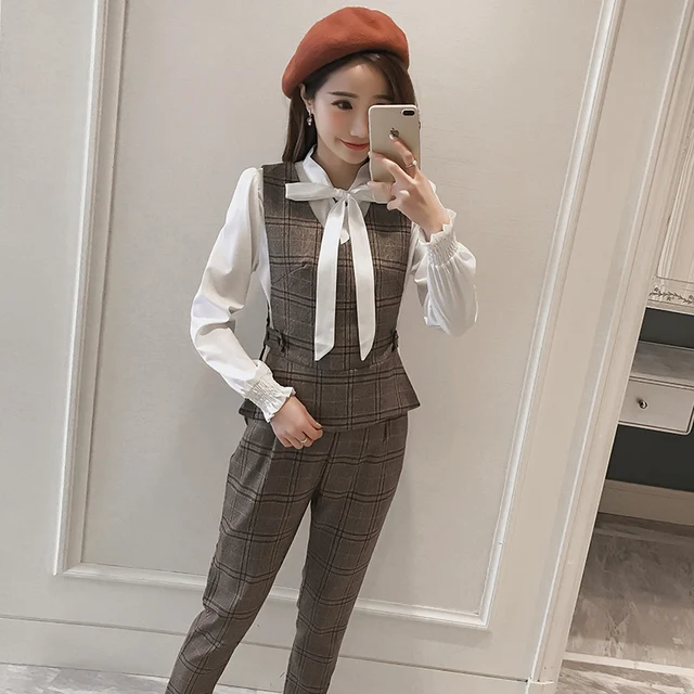 spring new women grid suit bow white blouse vest slim trousers three piece office lady outfit