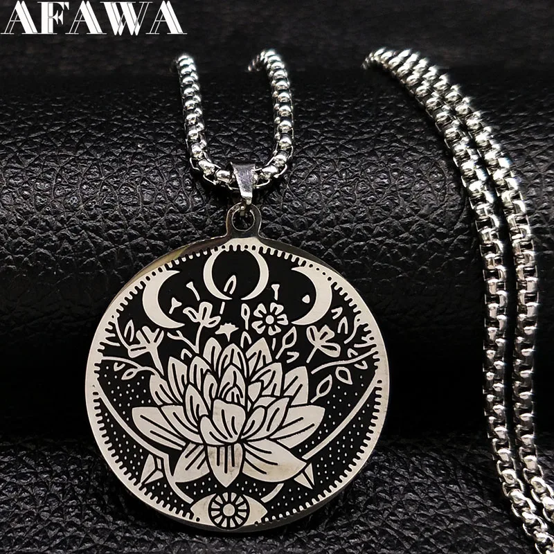 2018 Wicca Lotus Stainless Steel Chain Necklace Women Black Silver