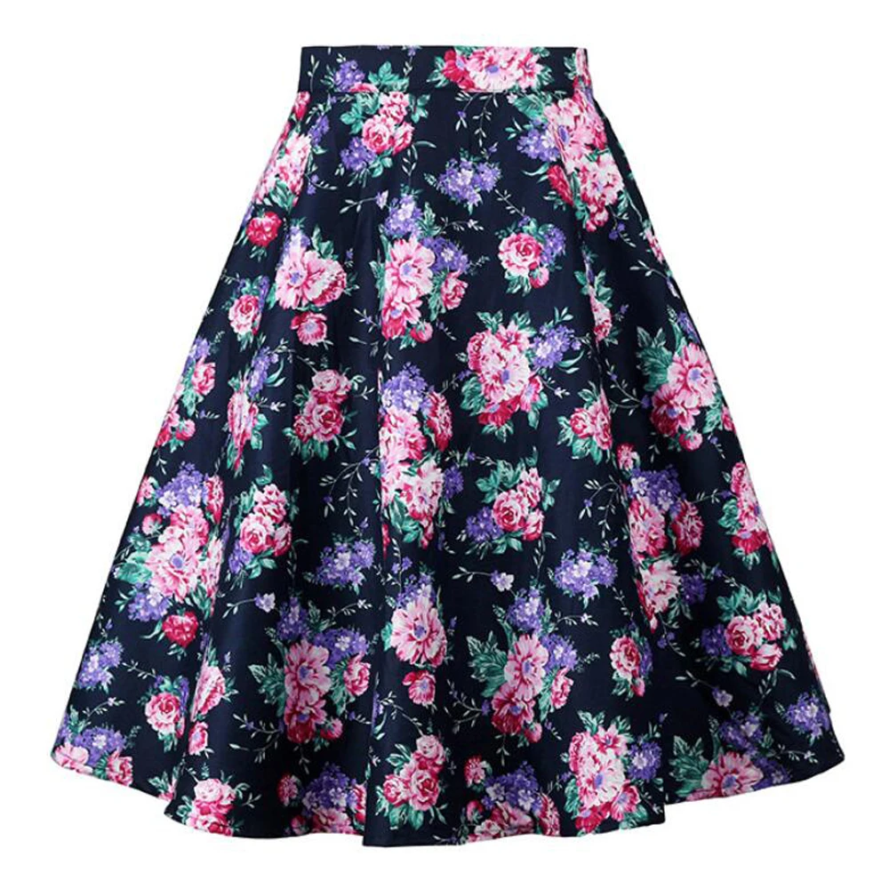 Ретро винтажная юбка размера плюс, плиссированная Цветочная Женская юбка миди с цветочным принтом, Женская хлопковая юбка трапециевидной формы с высокой талией