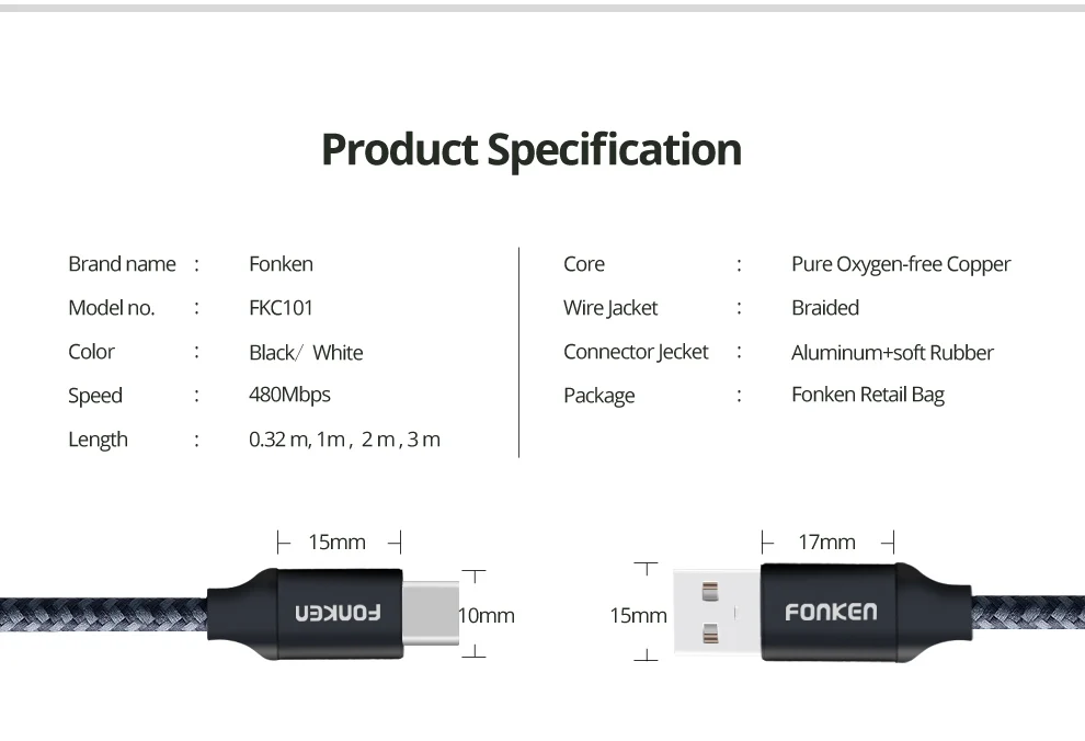 Кабель FONKEN с нейлоновой оплеткой type-C к USB кабель быстрого зарядного устройства 2128AWG 2.4A Быстрая зарядка данных Реверсивный USB C кабель для телефона