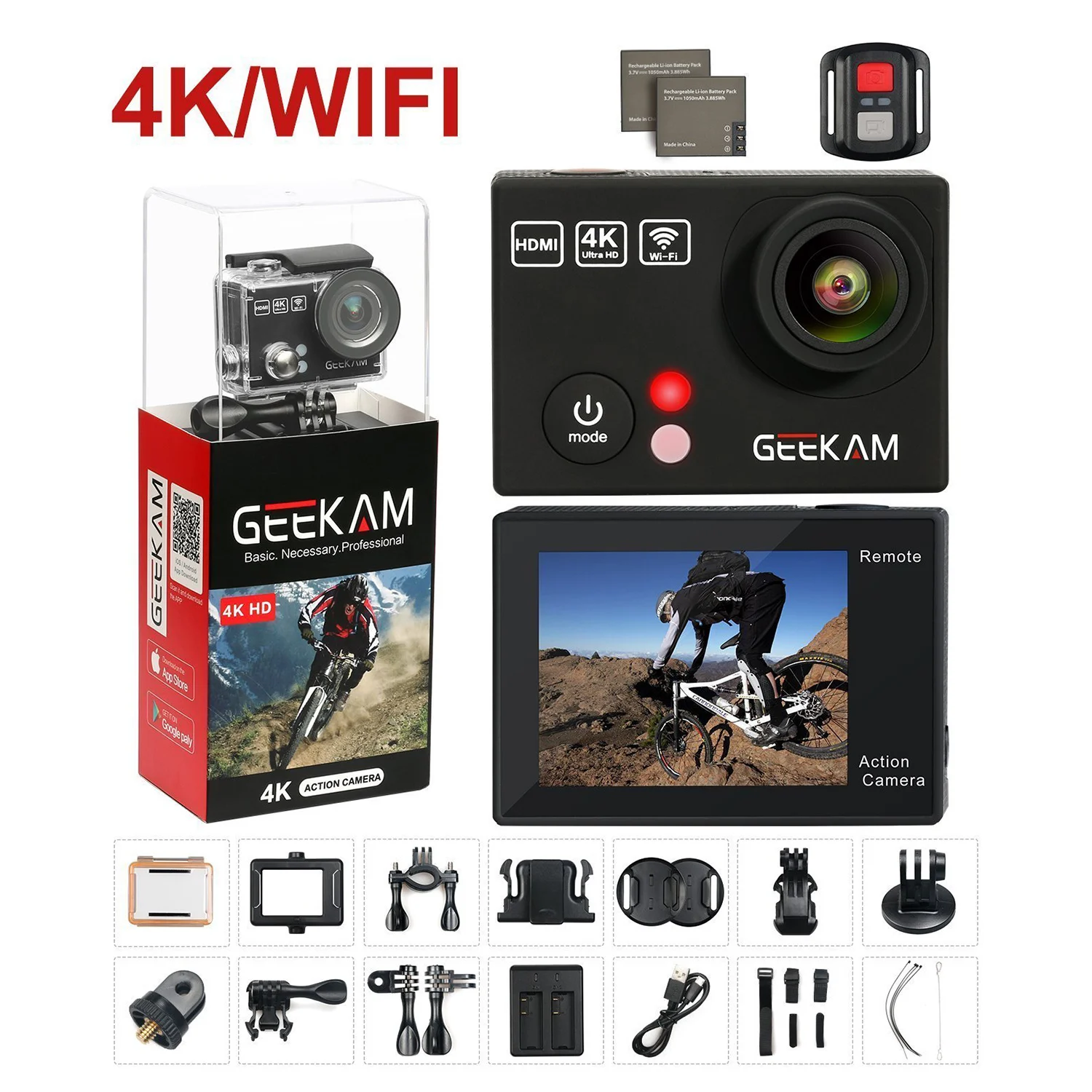 

GEEKAM Sports Waterproof Camera 4K HD Camera WIFI Underwater Sports DV Digital Camera(Black)