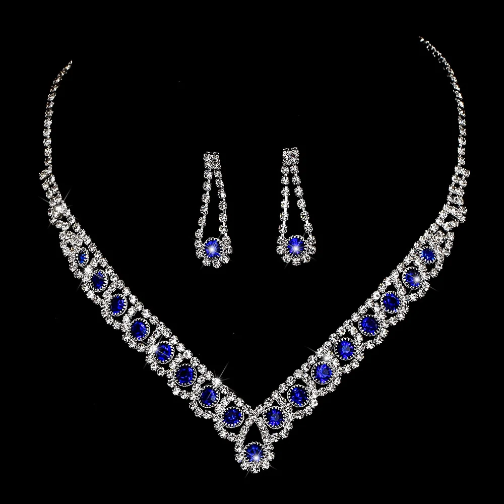 TREAZY Royal Blue Crystal Bridal Jewelry Sets Silver Plated Rhinestone Necklace Earrings Set for Women Prom Wedding Jewelry Sets 