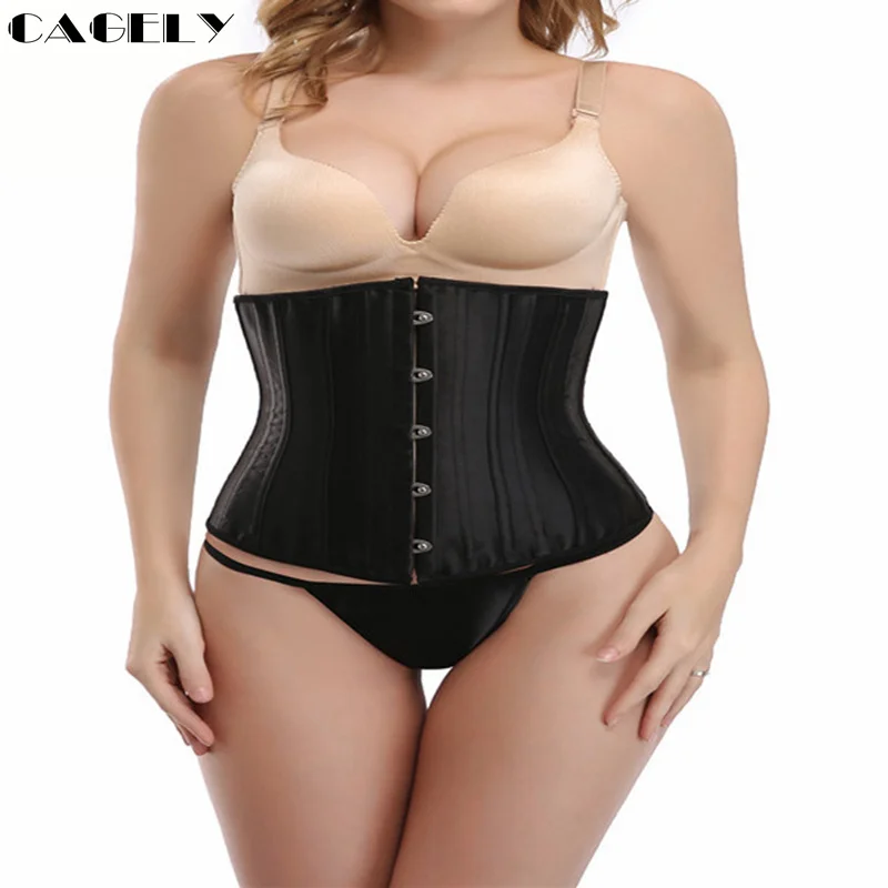 Black 24 Steel Boned Waist Trainer Cincher Black Satin Tummy Slim