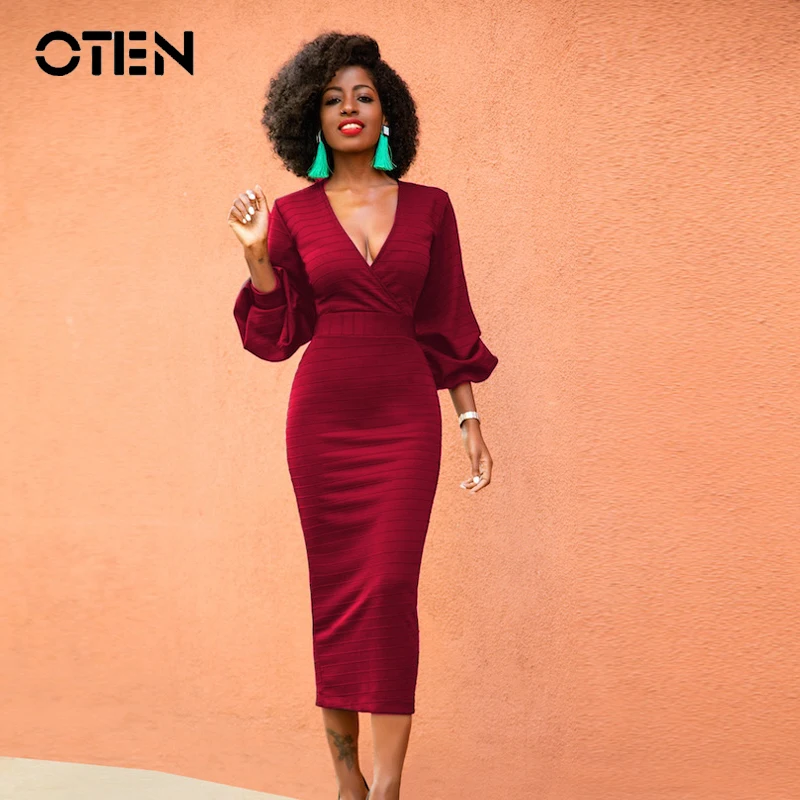 

OTEN Sexy Deep V Clothing Women 3/4 Sleeve Fashion Spring Mid-Calf Working Business Slim Elegant Office Lady Pencil dress 2018