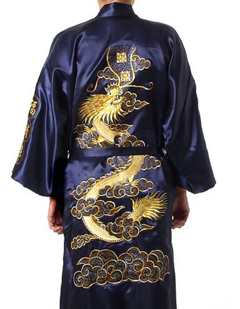Темно-синий костюм Тан китайский Дракон Мужская wo Мужская пижама для пар Домашняя одежда Шелковый Атласный халат вышитое кимоно банное платье - Цвет: Зеленый