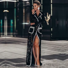 Seamyla 2020 New Fashion Women Coat Long Sleeve Runway Trench Sexy Split Black Sequined Celebrity Evening Party Coats Vestidos seamyla 2017 new fashion women coat long sleeve beaded runway velvet trench sexy winter celebrity party kim kardashian coats