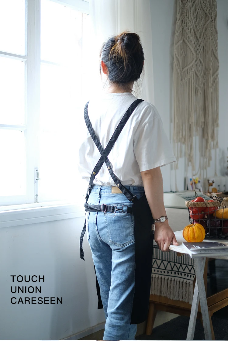 2020 New Adjustable Canvas Work Apron with Tool Pockets Black kitchen aprons for woman man Cross-Back Straps pinafore bib