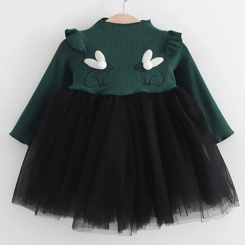 Новые Брендовые платья для малышей с длинными рукавами и вышитым Кроликом, праздничная кружевная Одежда для девочек, модная одежда для малышей