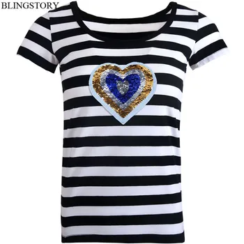 

BLINGSTORY Korean Style Plus Size Women T Shirt Femme Striped Change Color Sequin Short Sleeve O Neck Casual Tshirt