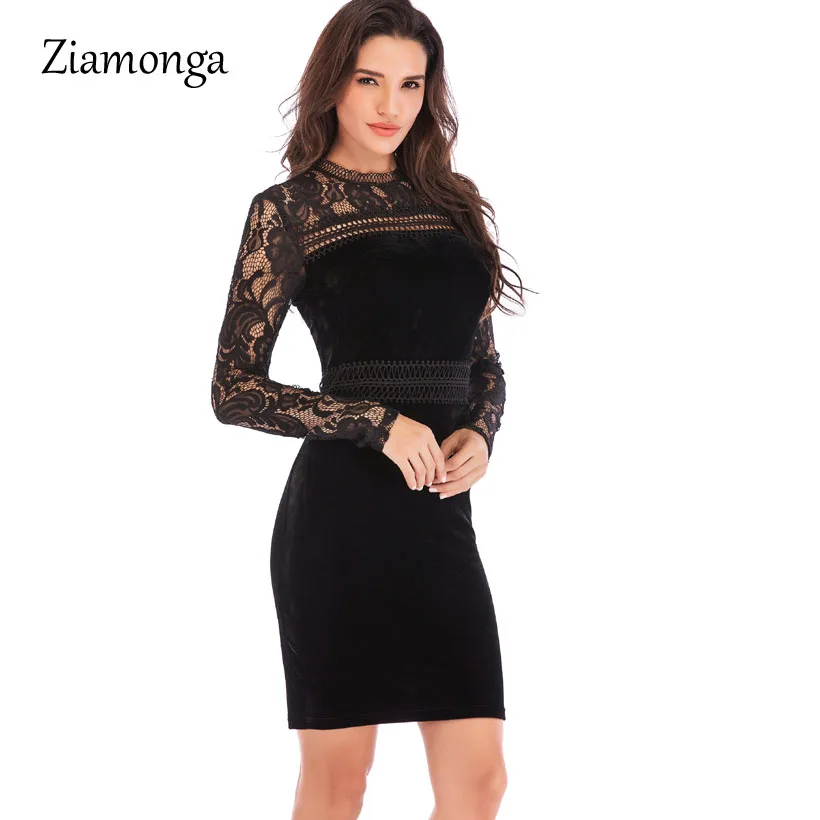 Ziamonga Для женщин с кружевом и вышивкой Платья для вечеринок с длинным рукавом по колено сексуальное платье г. зимние