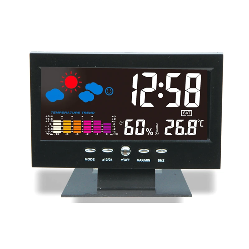 

LCD Digital Thermometer Hygrometer Weather Station Alarm Clock Date Programable Temp Humidity Tester Colorful C/F Sound Control