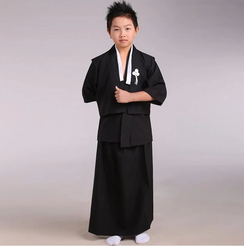 Black Japanese Boys Kimono Child Warrior Traditional Swordmen Yukata Kid Stage Performance Clothing Cosplay Costumes B-069