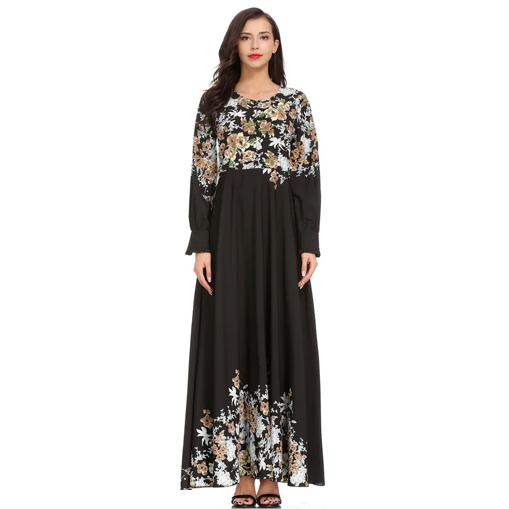 

fashion Printing Muslim Dress Women Dubai Abaya Womens Muslim Loose Solid Color Robe Clothing Abaya Islamic Arab Kaftan Dress