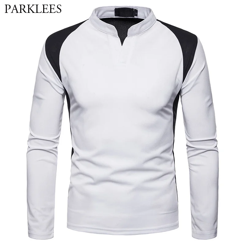 

Mens Black White Patchwork Long Sleeve T Shirt 2018 Autumn New V Neck T-shirt Male Casual Slim Fit Henley Shirt Camiseta Hombre