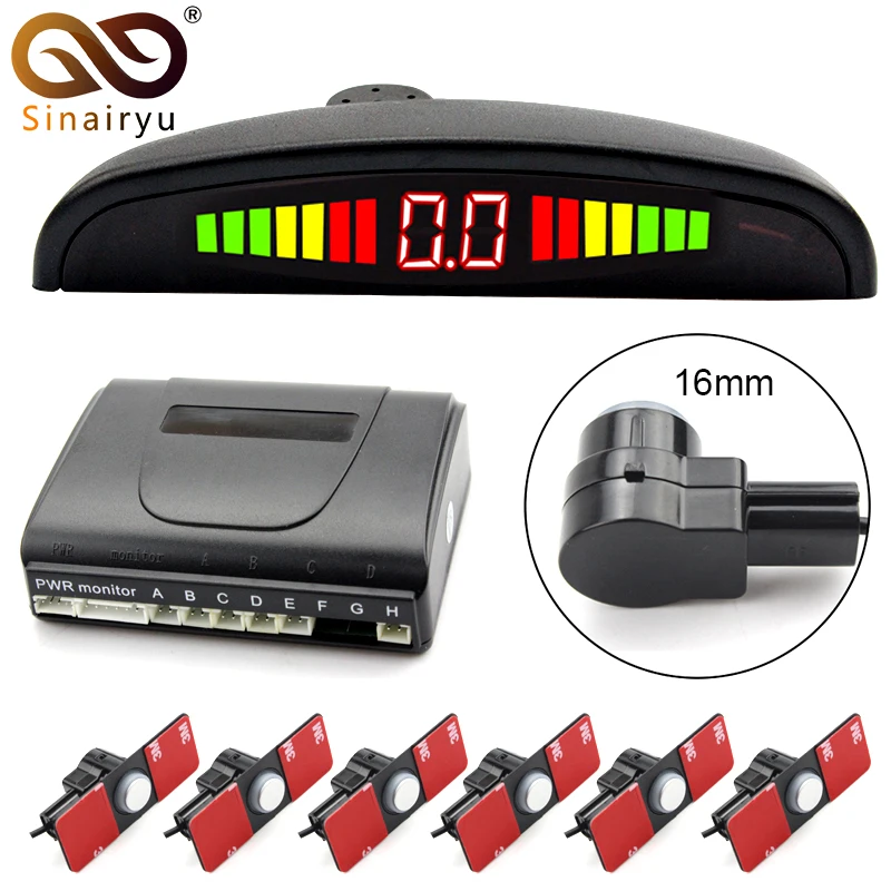 Sinairyu16mm Flat Parking Sensors, Car LED Parking Sensor Front Rear 6