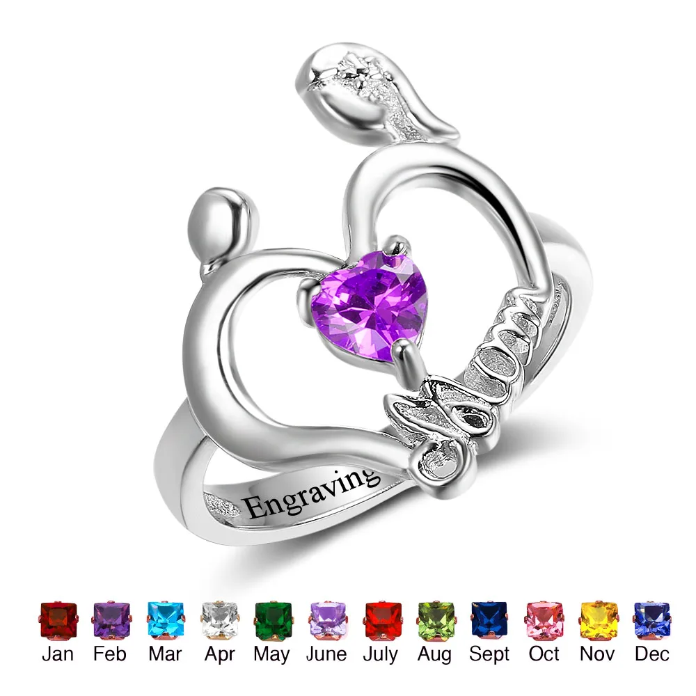 Mom's Ring Custom 925 Sterling Silver Rings For Mother's Heart Shape Birthstone Jewelry For Mom Charms Gift (RI102503)