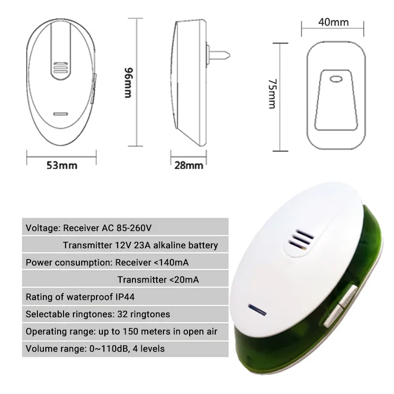 Беспроводной дверной звонок для офиса и дома, 220 В, беспроводной дверной звонок Ding Dong, штепсельная вилка европейского стандарта, 1 вставной приемник, 1 кнопочный передатчик